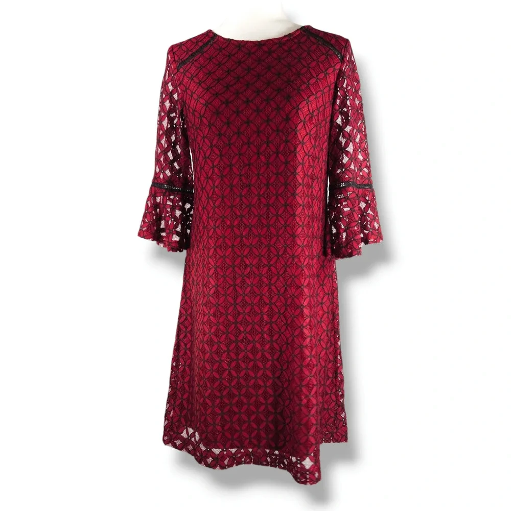 EUC Sandra Darren Lace Overlay Sheath Bell Flare Sleeve‎ Dress Sz. 6 Wine Black